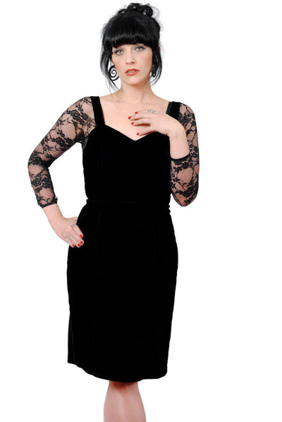 Sleevey Wonders black, 3/4 sleeve lace slip on sleeves with a black strappy dress. 